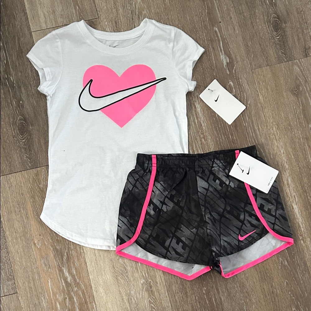 NEW Nike Girls White Tee with Pink Heart & Black Shorts with Pink Trim